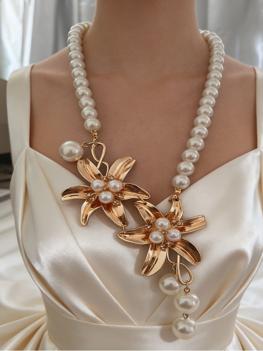 Anthropologie Gold Floral Pearl Cluster Necklace